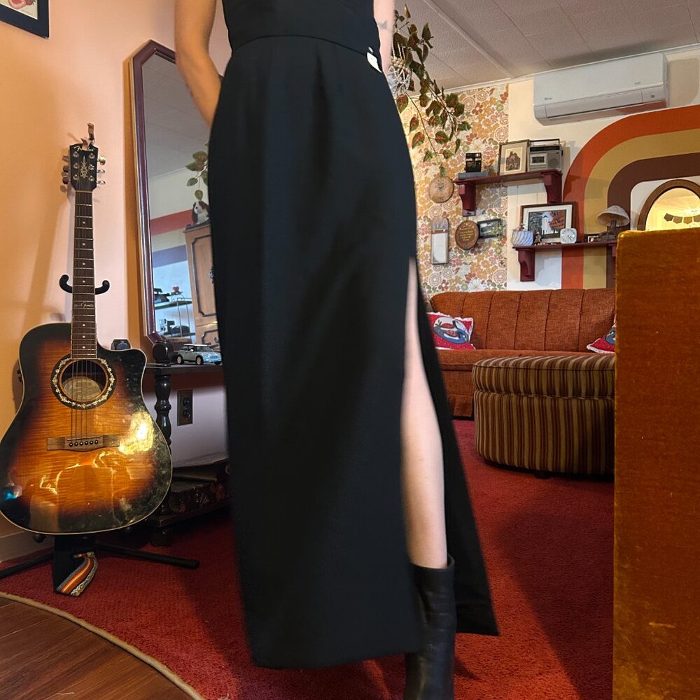 1970s Deadstock full length black maxi skirt with leg slit from Kathleen kent!